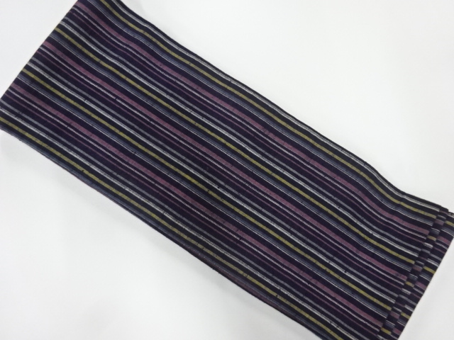 リサイクル　手織り紬縞模様織出し半幅帯